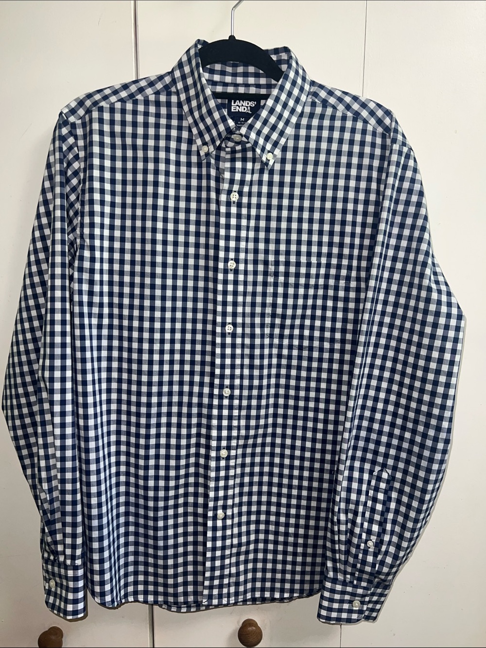 Lands' End Men's Navy and White Gingham Button-Down Shirt Size M